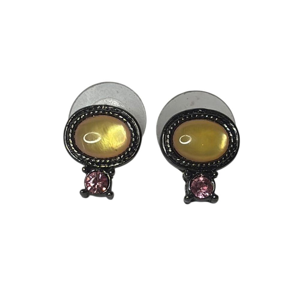 Dainty Gold Cabochon Stud Earrings Pink Accent Drop Vintage Style Posts
